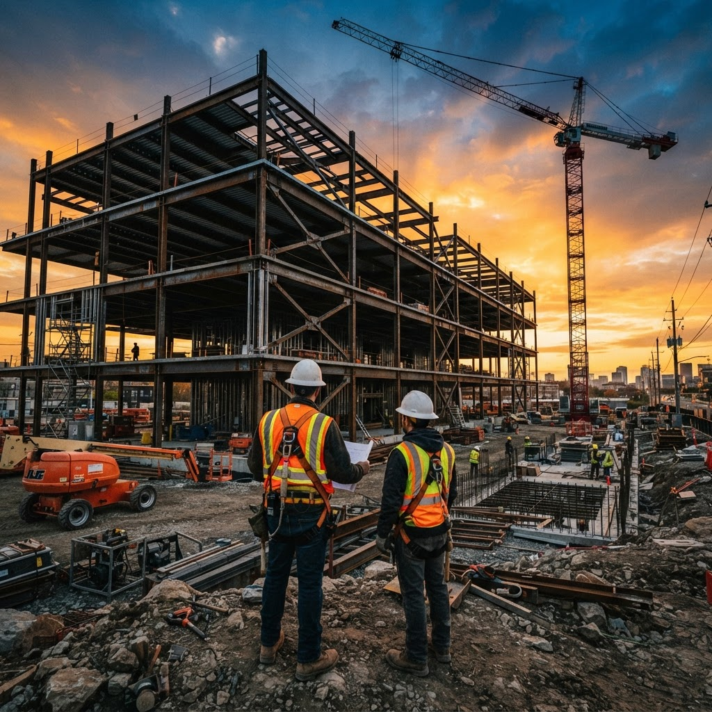 Steel-frame commercial building under construction at sunset with two workers in hi-vis vests