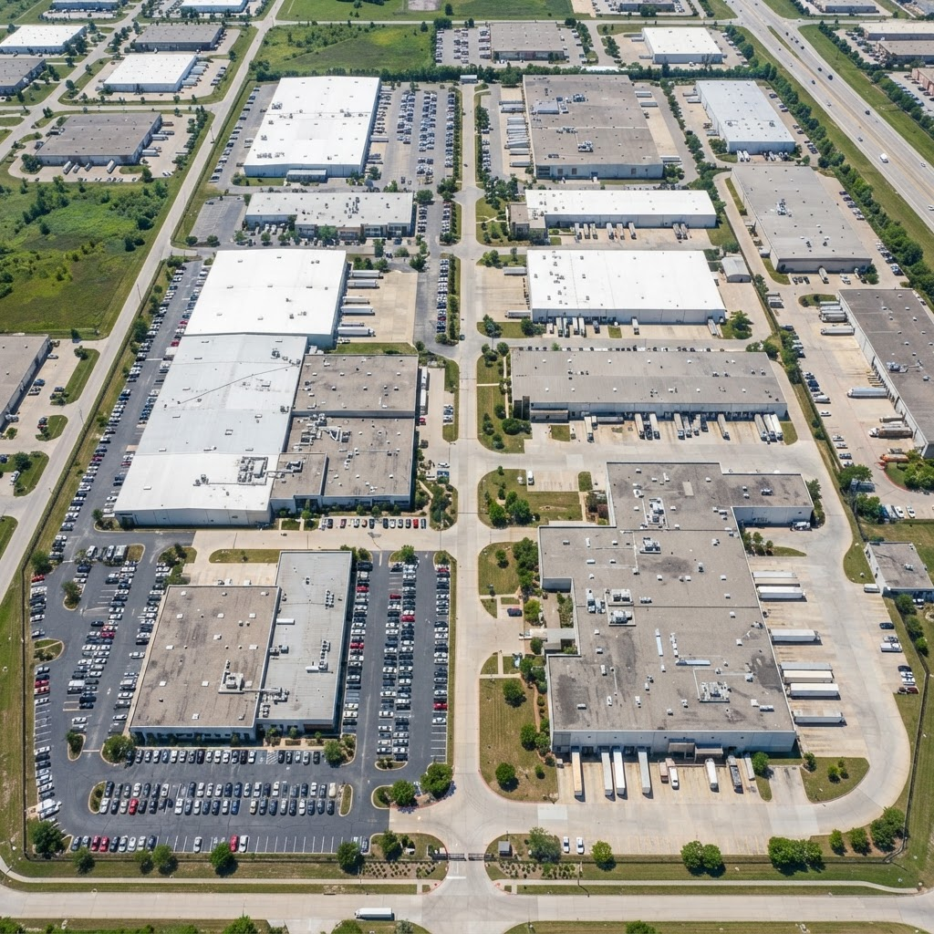 Aerial view of a campus of industrial buildings